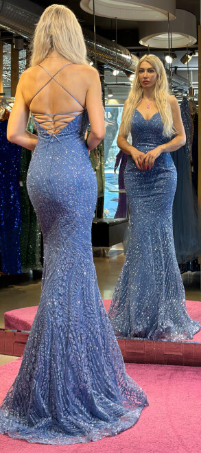 Indigo Spaghetti Strap Low-Cut Back Mermaid Skirt Glitter Fabric Long Evening Dress 7105 - 5