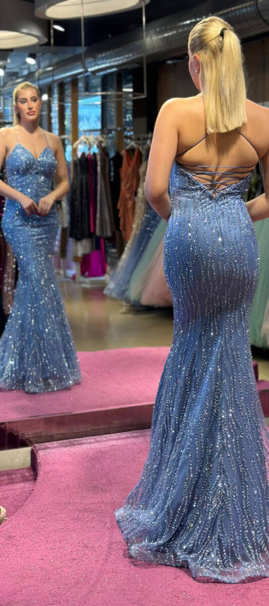 Indigo Spaghetti Strap Low-Cut Back Mermaid Skirt Glitter Fabric Long Evening Dress 7531 - 5