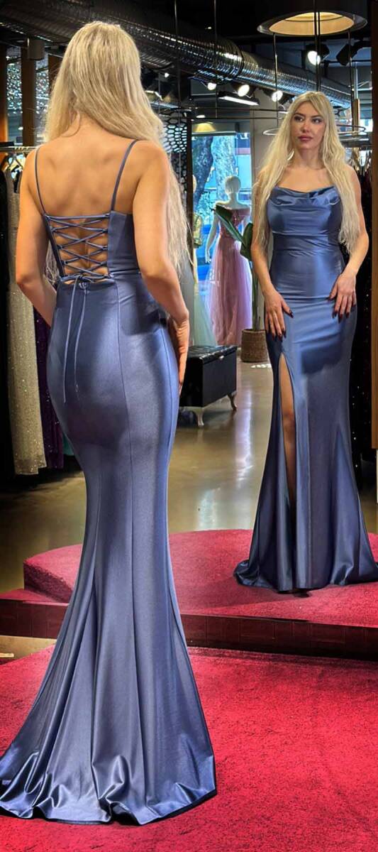 Indigo Spaghetti Strap Slit Straight Cut Lycra Long Evening Dress 7429 - 5