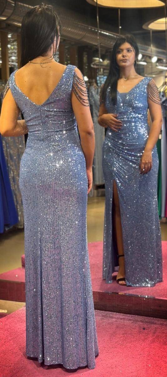 Indigo Thick Strap Beaded Slit Straight Cut Sequin Long Evening Dress 7570 - 5