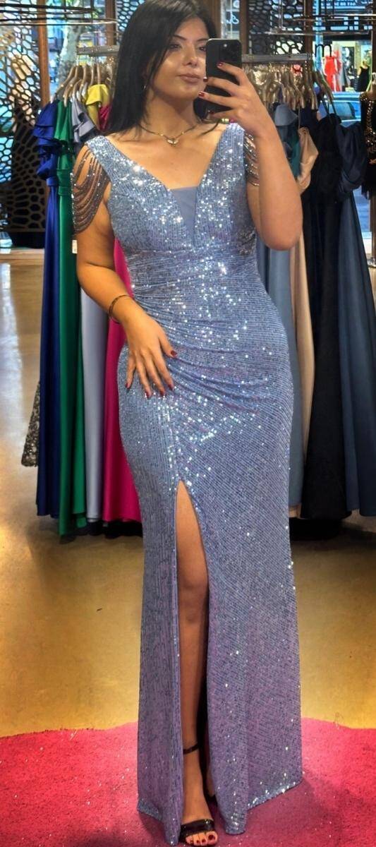 Indigo Thick Strap Beaded Slit Straight Cut Sequin Long Evening Dress 7570 - 1