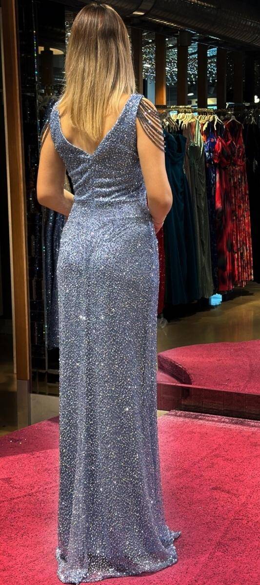 Indigo Thick Strap Beaded Slit Straight Cut Sequin Long Evening Dress 7609 - 5