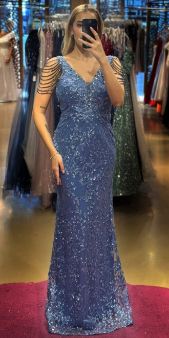 Indigo Thick Strap Beaded Straight Cut Glitter Long Evening Dress 7596 