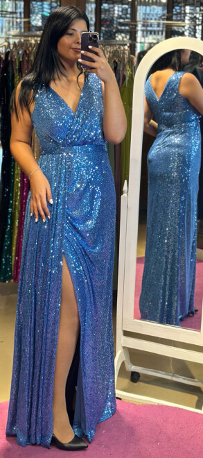 Indigo Thick Strap Slit Straight Cut Sequin Long Evening Dress 7293 