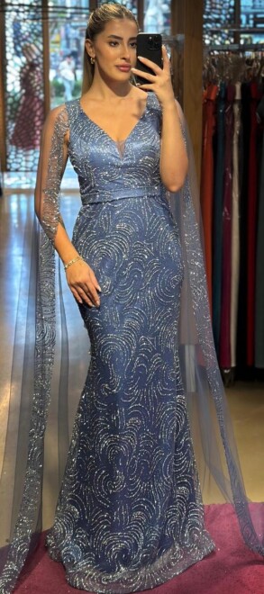 Indigo Thick Strap Straight Cut Glitter Long Evening Dress 7552 