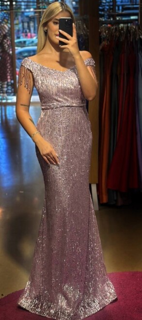 Lavender Beaded Straight Cut Glitter Long Evening Dress 7603 