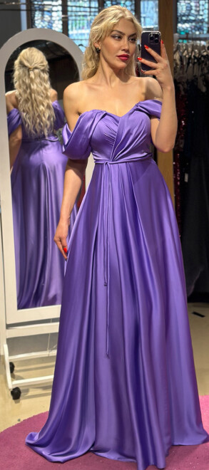 Lavender Flared Skirt Satin Long Evening Dress 7350 