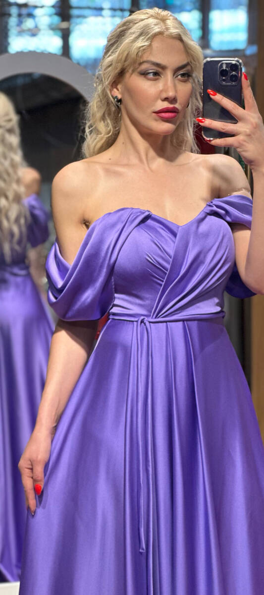 Lavender Flared Skirt Satin Long Evening Dress 7350 - 2