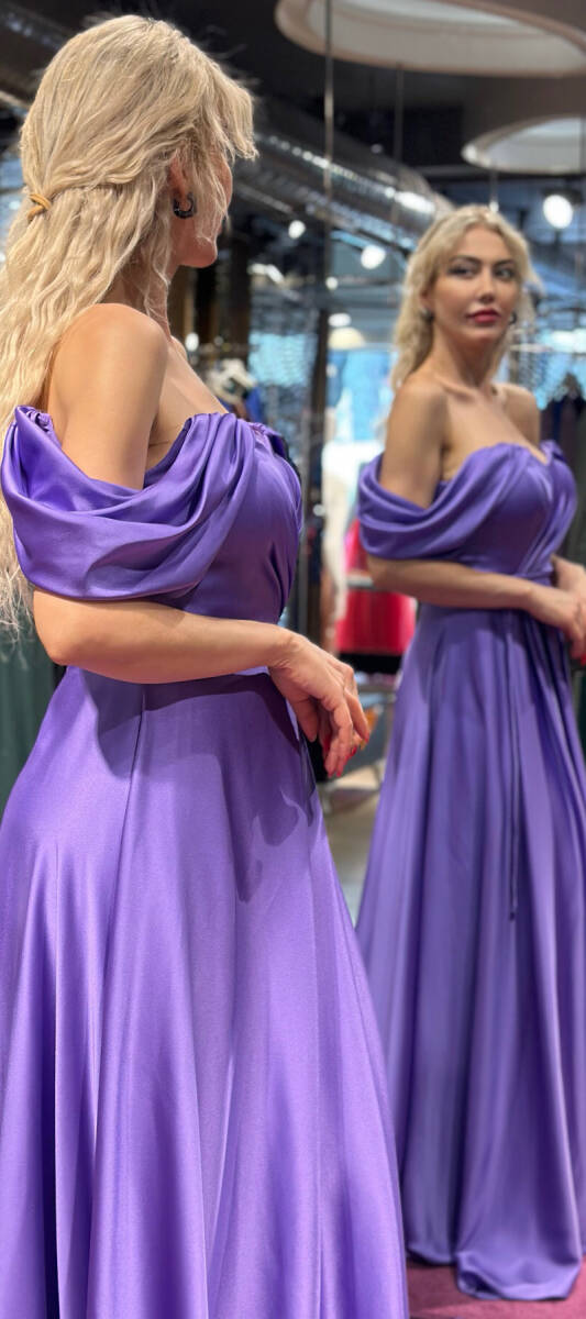 Lavender Flared Skirt Satin Long Evening Dress 7350 - 3