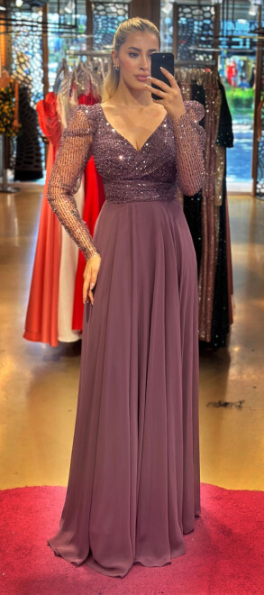 Lavender Long Sleeve Flared Skirt Chiffon Long Evening Dress 7569 