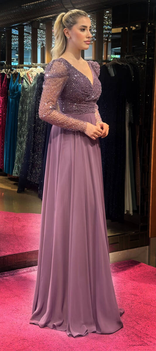 Lavender Long Sleeve Flared Skirt Chiffon Long Evening Dress 7569 - 3