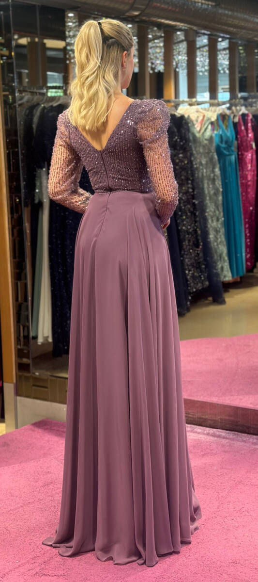 Lavender Long Sleeve Flared Skirt Chiffon Long Evening Dress 7569 - 5