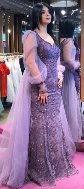 Lavender Long Sleeve Mermaid Skirt Lace Long Evening Dress 7279 - 3