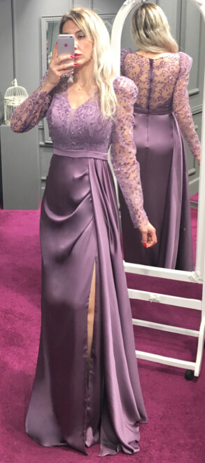 Lavender Long Sleeve Slit Straight Cut Satin Long Evening Dress 7244 - 1