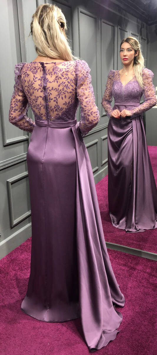 Lavender Long Sleeve Slit Straight Cut Satin Long Evening Dress 7244 - 3