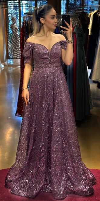 Lavender Low Sleeve Beaded Flared Skirt Glitter Long Evening Dress 7547 