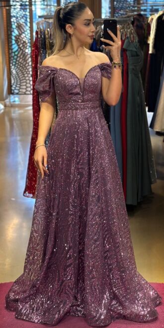 Lavender Low Sleeve Beaded Flared Skirt Glitter Long Evening Dress 7547 