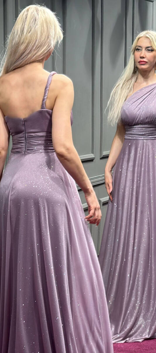 Lavender One Shoulder Belted Flared Skirt Glitter Fabric Long Evening Dress 7015 - 3