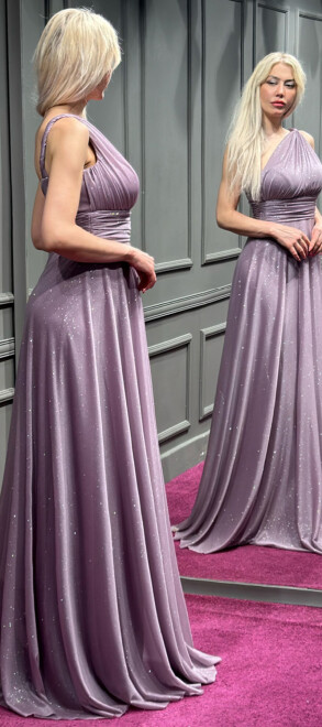 Lavender One Shoulder Belted Flared Skirt Glitter Fabric Long Evening Dress 7015 - 4