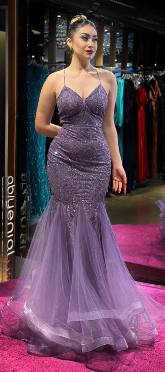 Lavender Spaghetti Strap Low-Cut Back Mermaid Skirt Glitter Long Evening Dress 7269 - 4