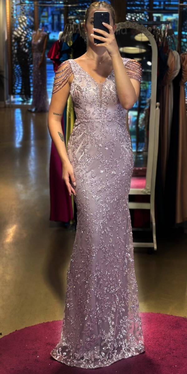 Lavender Thick Strap Beaded Straight Cut Glitter Long Evening Dress 7596 - 1