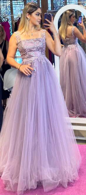 Lavender Thick Strap Flared Skirt Tulle Long Evening Dress 7403 