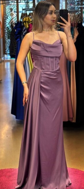 Lavender Thin Strapped Slit Straight Cut Satin Long Evening Dress 7564 