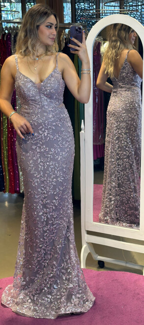 Lavender Thin Strapped Straight Cut Glitter Long Evening Dress 7127 