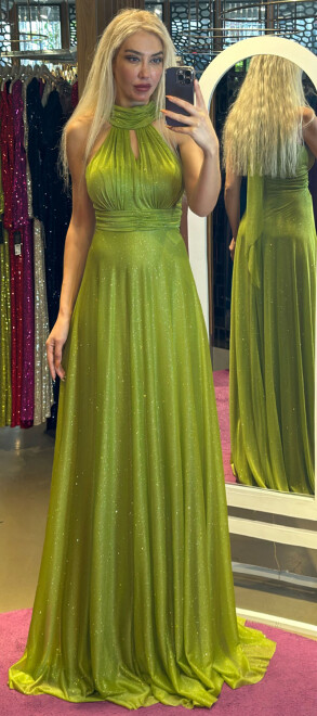 Light Green Belted Low-Cut Back Flared Skirt Glitter Fabric Long Evening Dress 6646 