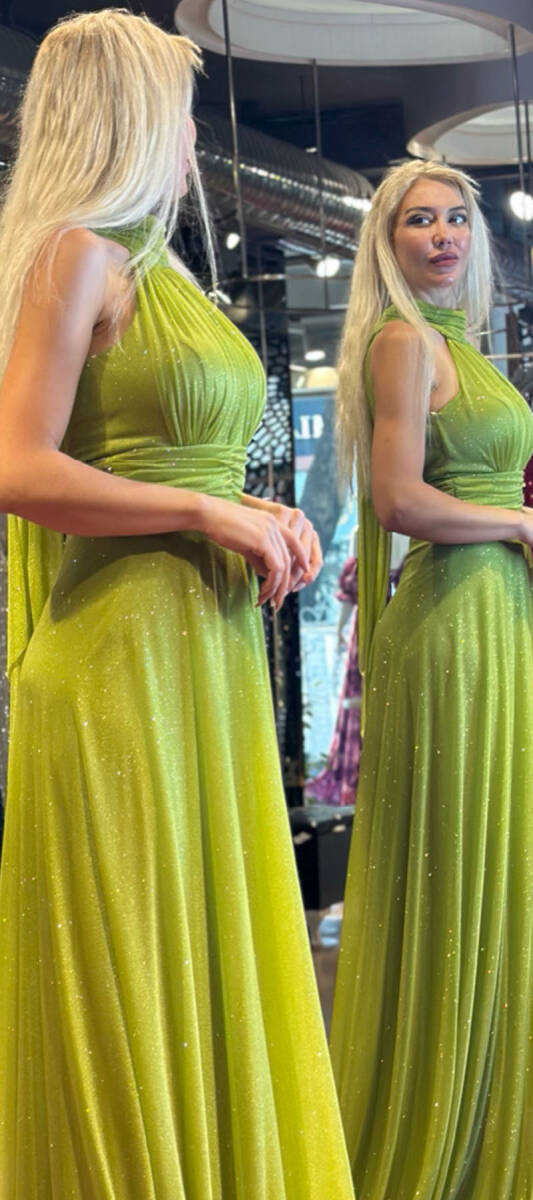 Light Green Belted Low-Cut Back Flared Skirt Glitter Fabric Long Evening Dress 6646 - 3