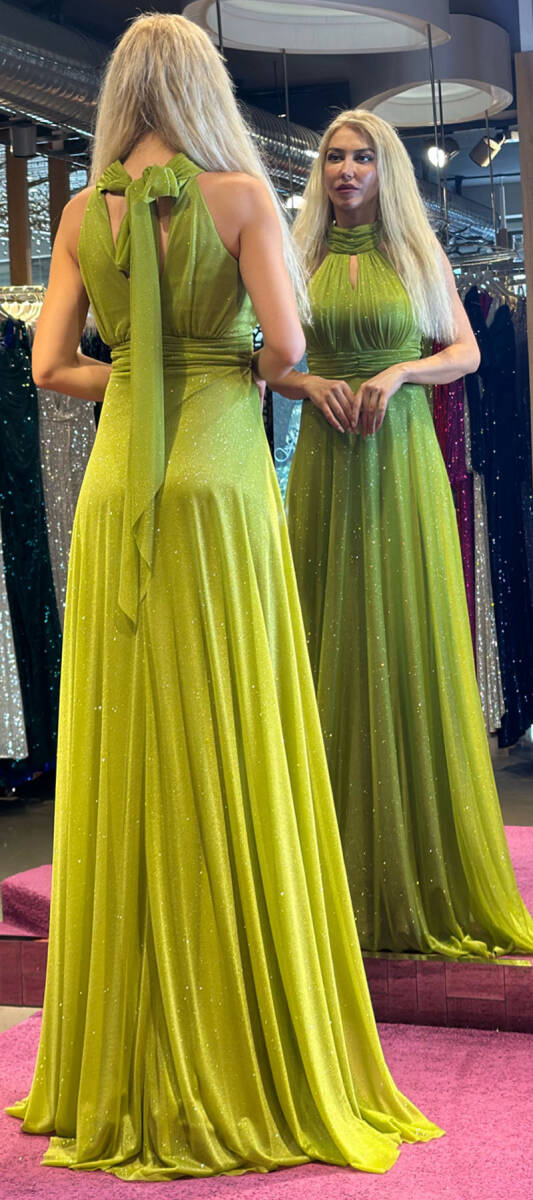 Light Green Belted Low-Cut Back Flared Skirt Glitter Fabric Long Evening Dress 6646 - 5