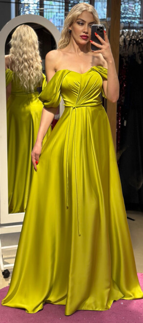 Light Green Flared Skirt Satin Long Evening Dress 7350 