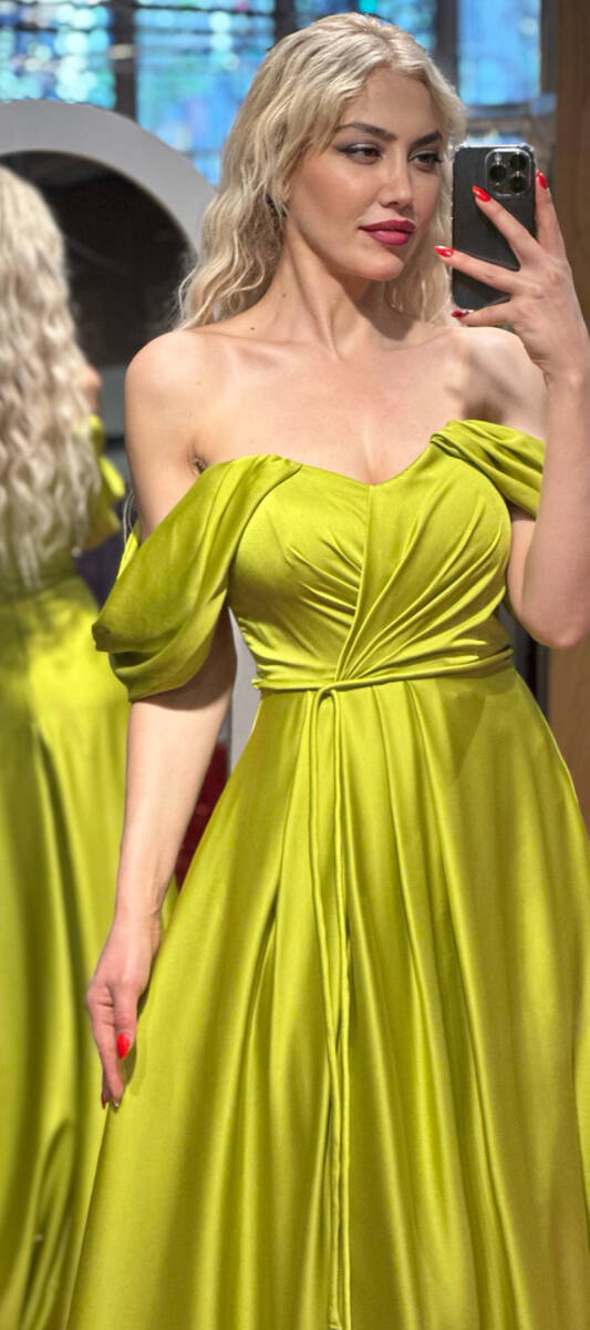 Light Green Flared Skirt Satin Long Evening Dress 7350 - 2