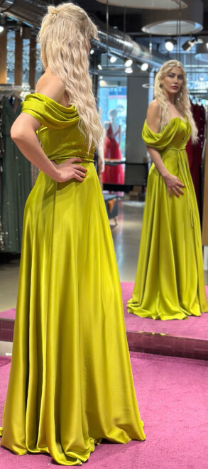 Light Green Flared Skirt Satin Long Evening Dress 7350 - 3