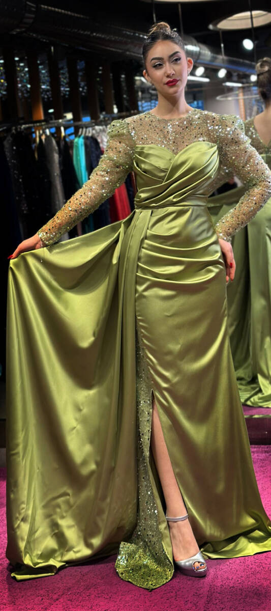 Light Green Long Sleeve Slit Straight Cut Satin Long Evening Dress 7444 - 1