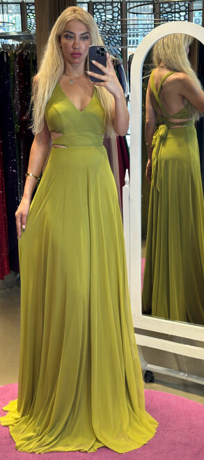 Light Green Low-Cut Back Flared Skirt Lycra Long Evening Dress 6556 