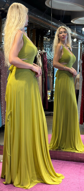 Light Green Low-Cut Back Flared Skirt Lycra Long Evening Dress 6556 - 3