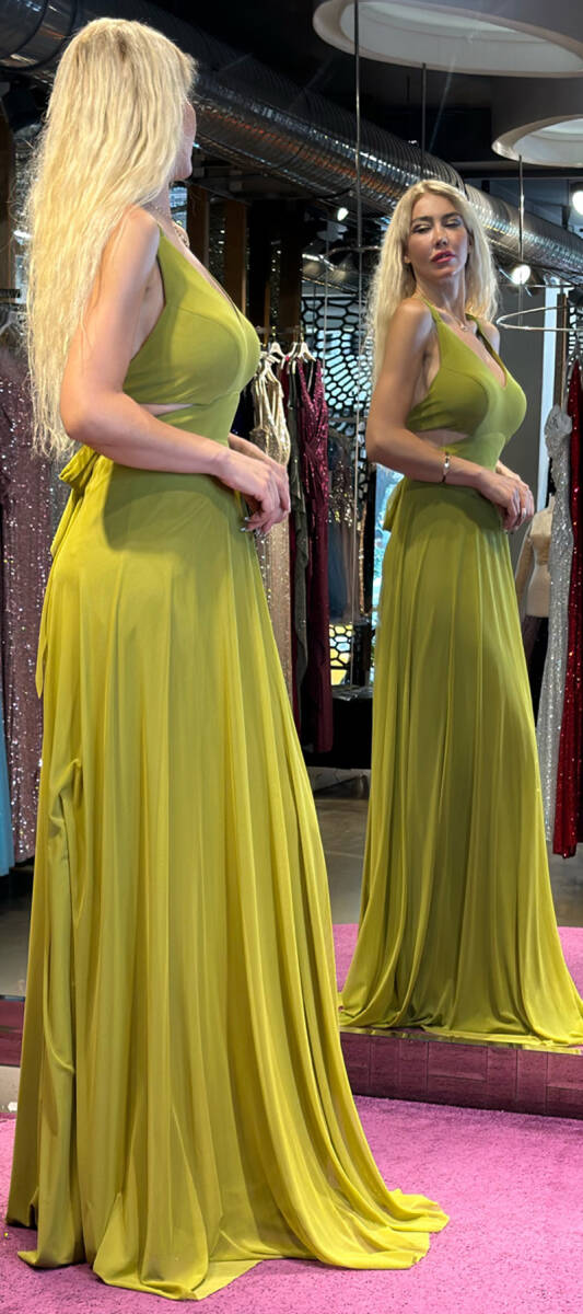 Light Green Low-Cut Back Flared Skirt Lycra Long Evening Dress 6556 - 3