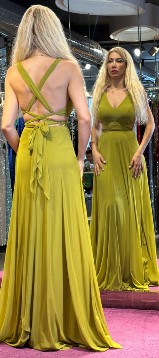 Light Green Low-Cut Back Flared Skirt Lycra Long Evening Dress 6556 - 5