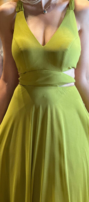 Light Green Low-Cut Back Flared Skirt Lycra Long Evening Dress 6556 - 4