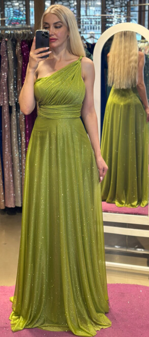 Light Green One Shoulder Belted Flared Skirt Glitter Fabric Long Evening Dress 7015 