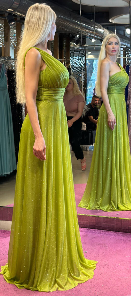 Light Green One Shoulder Belted Flared Skirt Glitter Fabric Long Evening Dress 7015 - 3