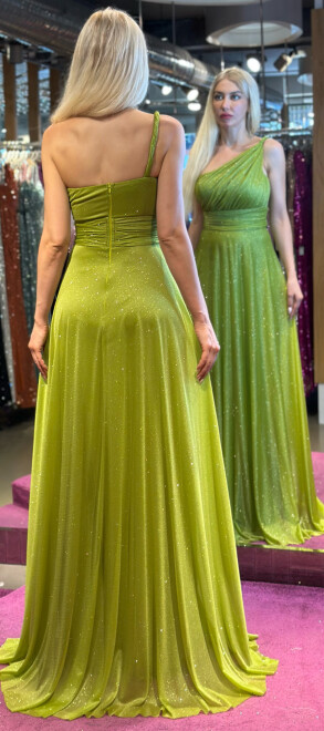 Light Green One Shoulder Belted Flared Skirt Glitter Fabric Long Evening Dress 7015 - 5