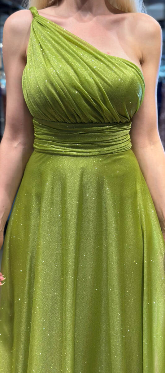 Light Green One Shoulder Belted Flared Skirt Glitter Fabric Long Evening Dress 7015 - 4