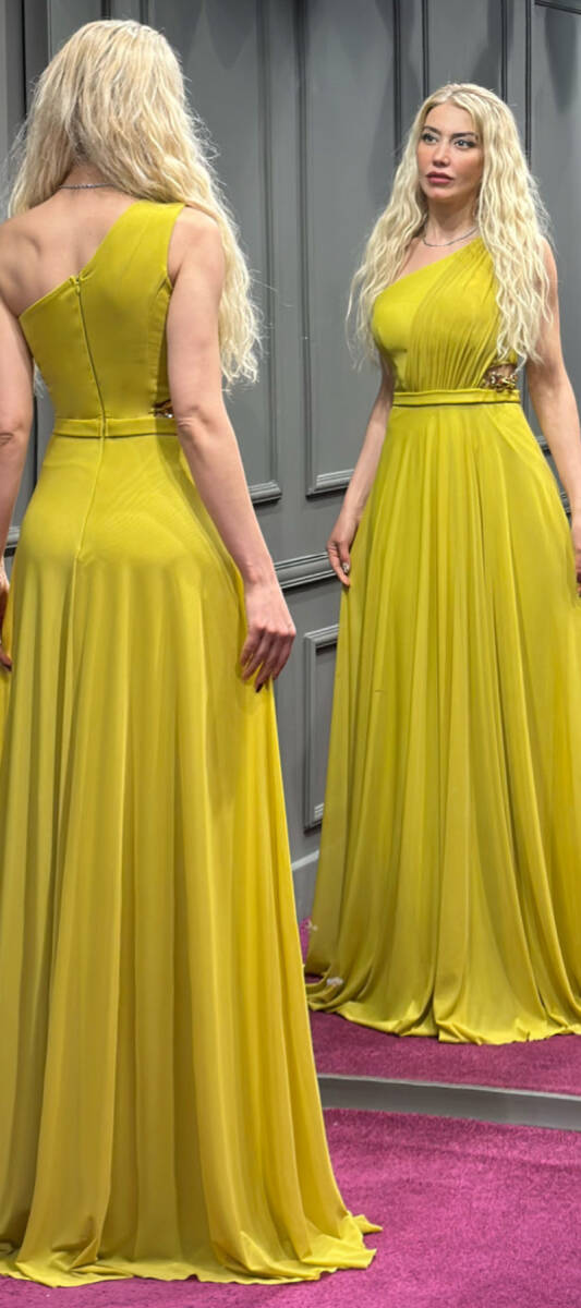 Light Green One Shoulder Cut Out Waist Flared Skirt Tulle Long Evening Dress 7358 - 5