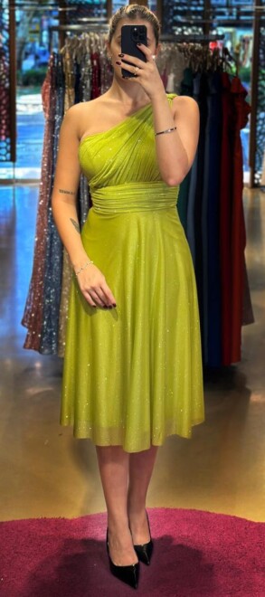 Light Green One Shoulder Flared Skirt Glitter Midi Evening Dress 7000 