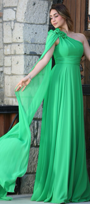 Light Green One Shoulder Floral Detailed Flared Skirt Chiffon Long Evening Dress 7401 