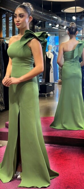 Light Green One Shoulder Slit Straight Cut Crepe Long Evening Dress 6956 - 3