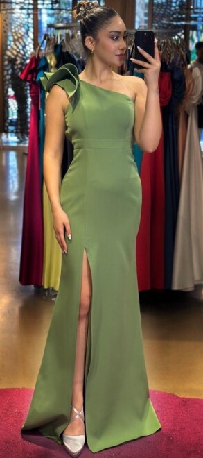 Light Green One Shoulder Slit Straight Cut Crepe Long Evening Dress 6956 