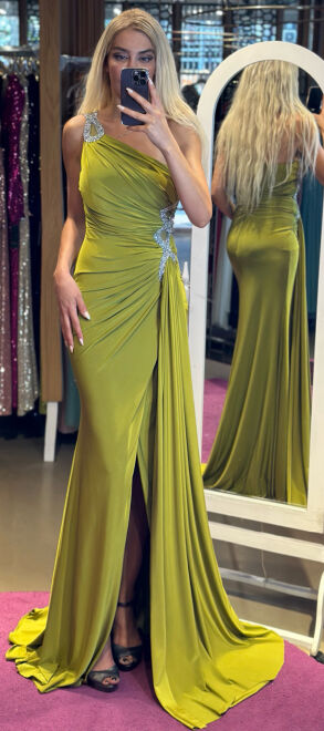 Light Green One Shoulder Stone Detailed Wrap Slit Lycra Long Evening Dress 7414 